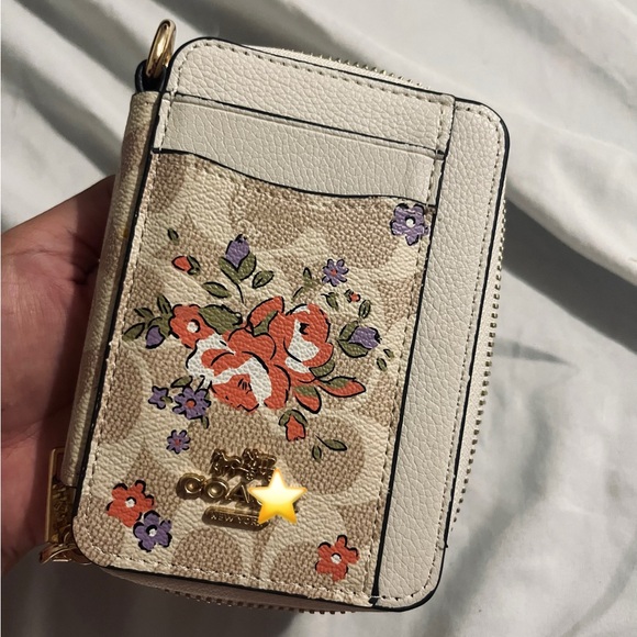 Coach Handbags - Coach Cream Floral Zip Card Case Wallet with Orange & Purple Accents